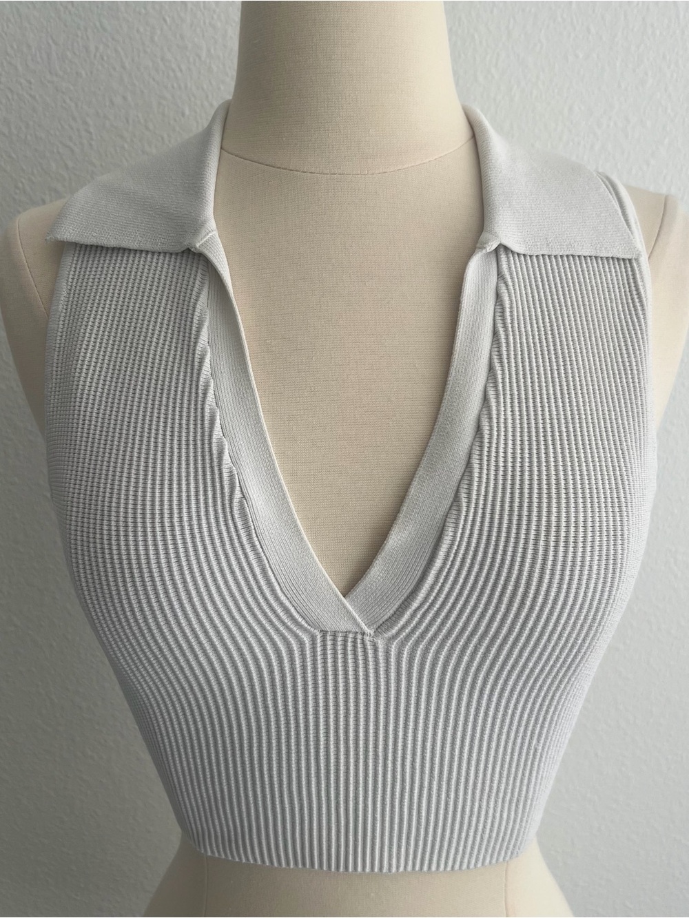 Aritzia Babaton White Ribbed V-Neck Polo Tank